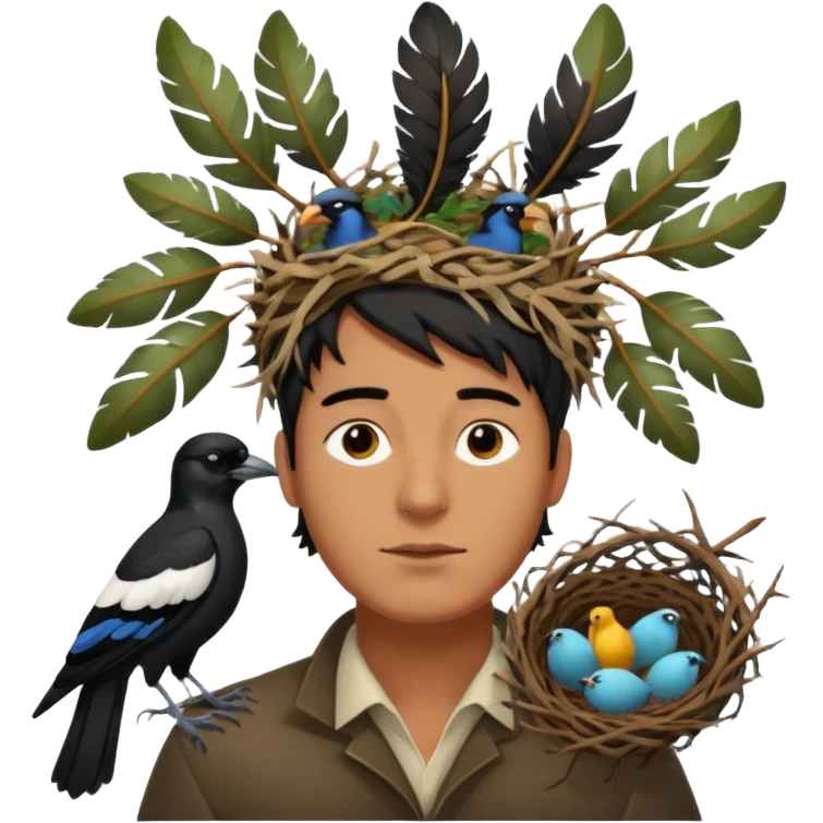 A man who has an Australian magpie, birds nest on top of his head for hair emoji