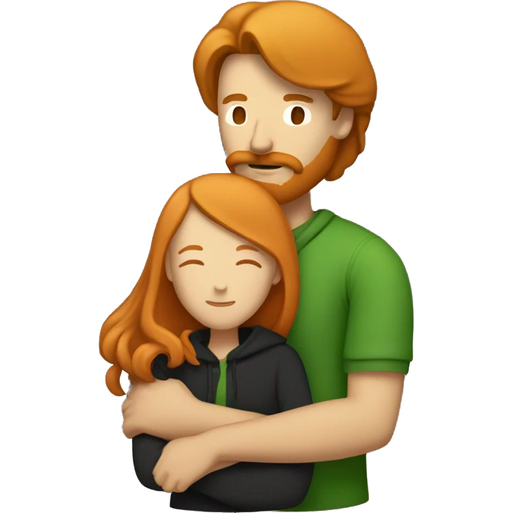Couple hugging, tall ginger man with a mustache and a green hoodie, hugging tan girl with long black hair  emoji