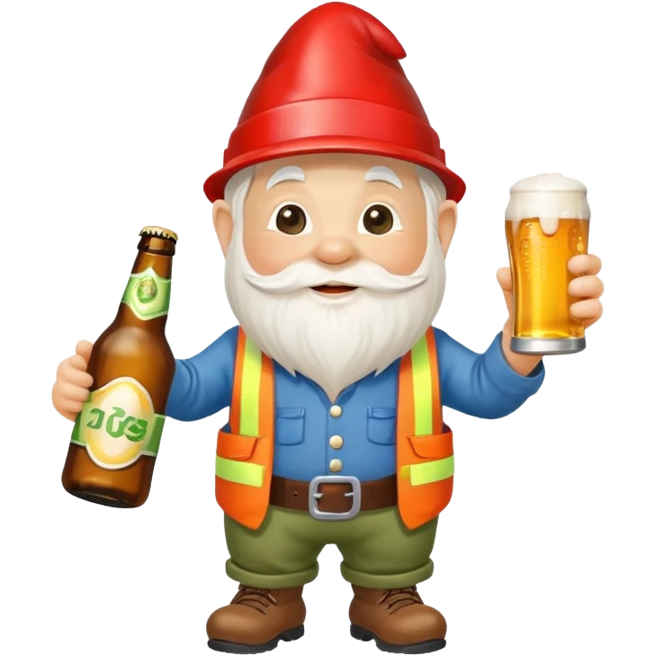 Garden gnome wearing construction clothes holding a bottle of beer and a can of beer  emoji