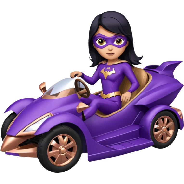 Hot full size real-appearance racing action BatGirl’s Lego feminine midnight-purple tight outfit sixty’s tv show 1992 stealthy retro sporty petite off-road pursuit hovering hover cruiser car rose gold accents (black hair,reclined and relaxed seating position) go kart emoji