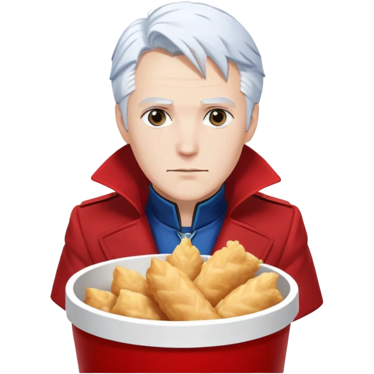Dante and Vergil from Devil May Cry sitting together in a KFC family bucket, Dante in red coat, Vergil in blue coat, both with white hair emoji