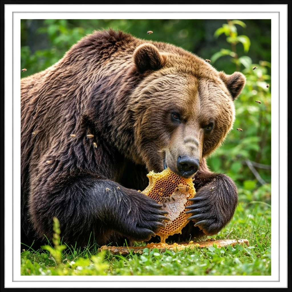 bear eating honeycomb with bees flying around emoji