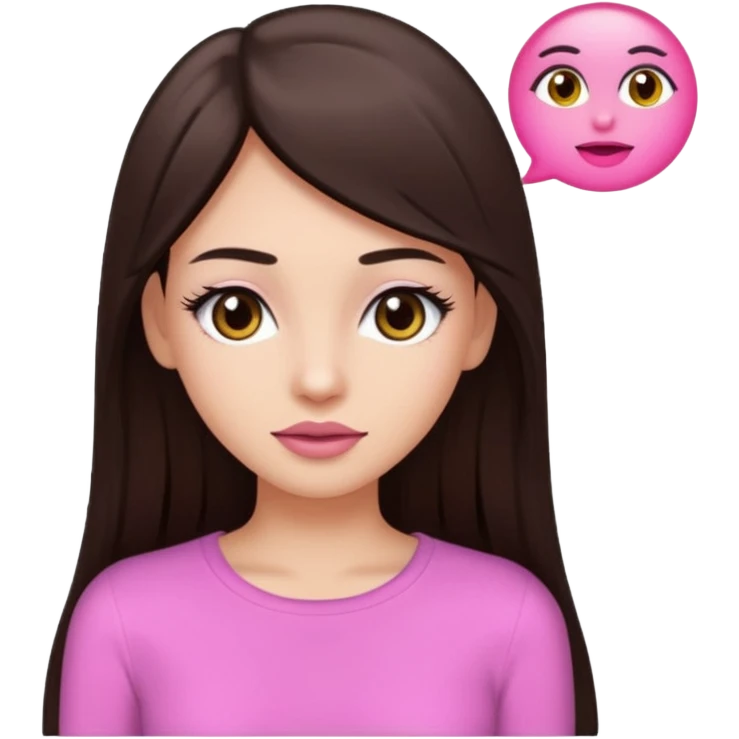 A young woman with long straight dark bown hair, big brown eyes, long eyelashes, pink lips, wearing a plain white top, in emoji style emoji