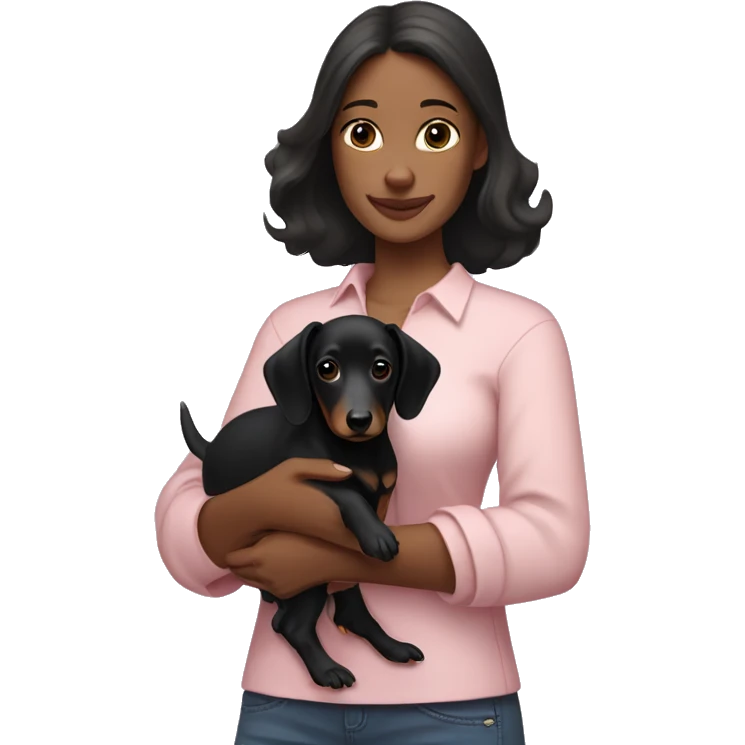 a brunette woman in a light pink shirt, with white skin, holding black dachshund puppy in her arms emoji
