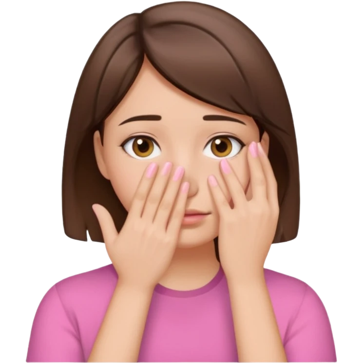 Woman with short brown hair and a pink shirt with hand covering up face  emoji