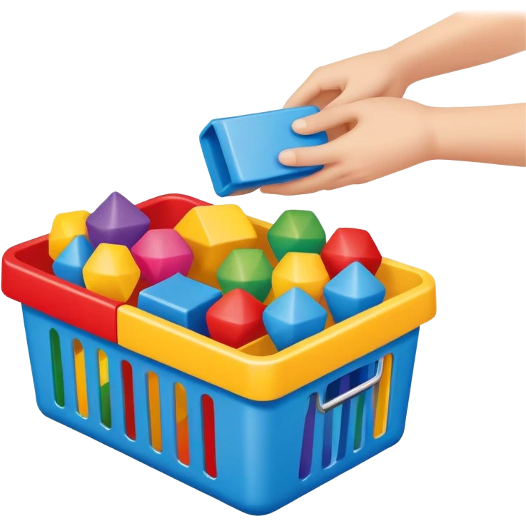 hands placing colorful toys into a storage bin, simple and friendly emoji
