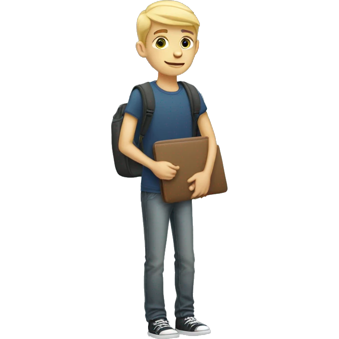 A tall blonde male teenager, 17 years old, holding a laptop bag emoji