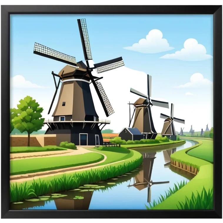cinematic-realistic-kinderdijk-windmills-landmark-emoji,-showcasing-traditional-dutch-windmills-aligned-along-a-tranquil-canal,-with-lush-green-fields in a picture frame emoji