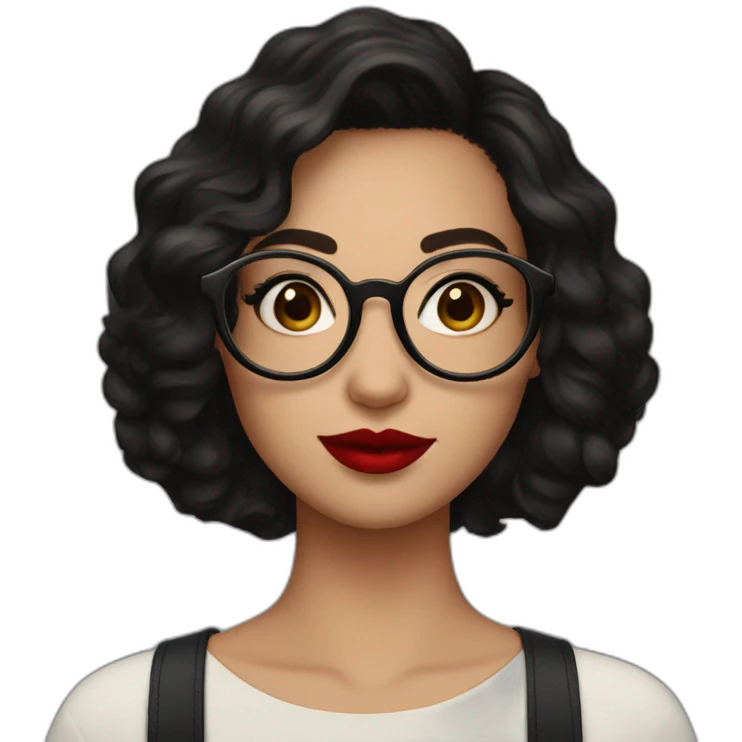 face of a 25 year old woman with short dark hair, red lipstick, eyeliner, and square but kinda rounded glasses emoji