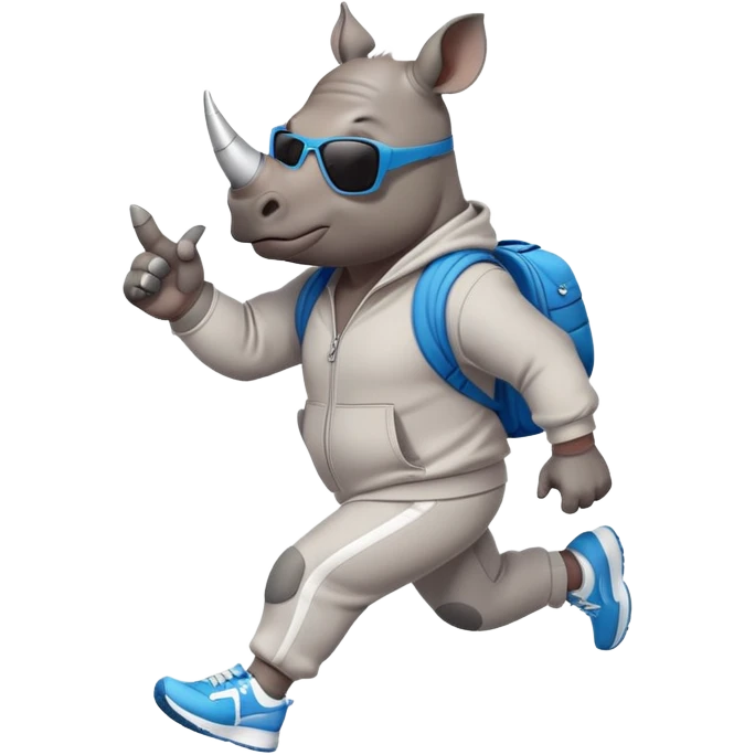 friendly anthropomorphised rhino jogging upright, wearing a sporty tracksuit and sneakers, dark sunglasses, standard pose emoji