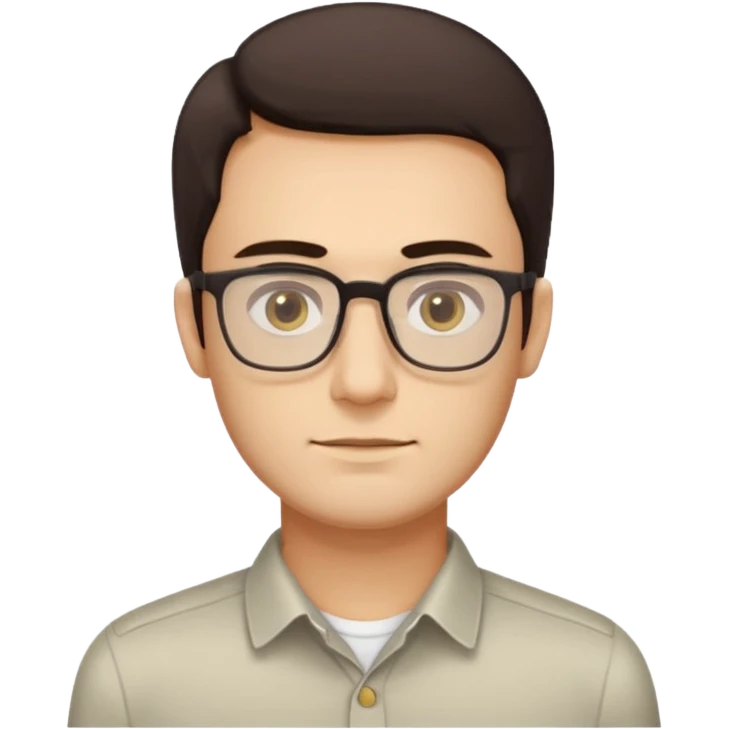 a young man around 30 years old, dark brown eyes, with dark brown hair, longer rectangular face, light yellow skin color, small eyes with rectangle shape glasses, without beard, no forehead wrinkles, wear shirt emoji