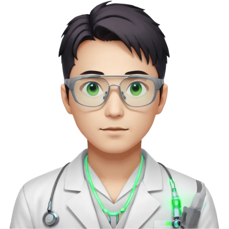 Cyberpunk scientist, Japanese male, high-tech glasses, glowing data reflection on lenses, lab coat collar, neural interface on temple, white neon lighting emoji