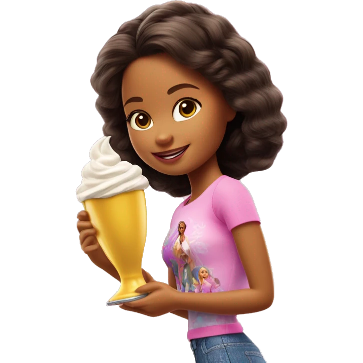 Chica pelo liso vestida de patinadora ( de la pelicula de Barbie del 2023), bebiendo chupitos o en su defecto una copa emoji