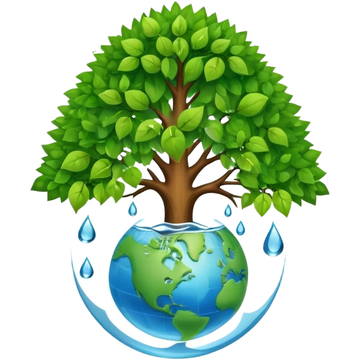 An icon featuring a tree, a recycling symbol, and a globe, representing ecology. The design includes green leaves, a water droplet, and wildlife, symbolizing the study of ecosystems, sustainability, and environmental protection. Transparent background. emoji