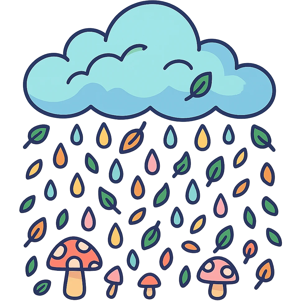 cloud raining tiny leaves and mushrooms, whimsical rain, pastel tones, vibrant toon style emoji