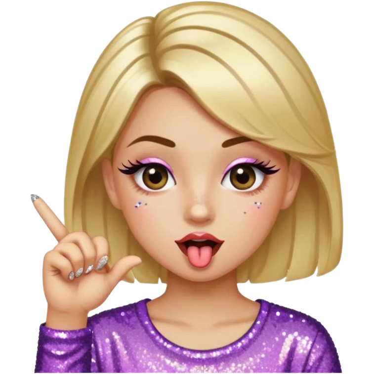 A girl in a all glitter shirt with big lashes on her eyes puts her thumb and pointer finger half way together with her tongue out  emoji