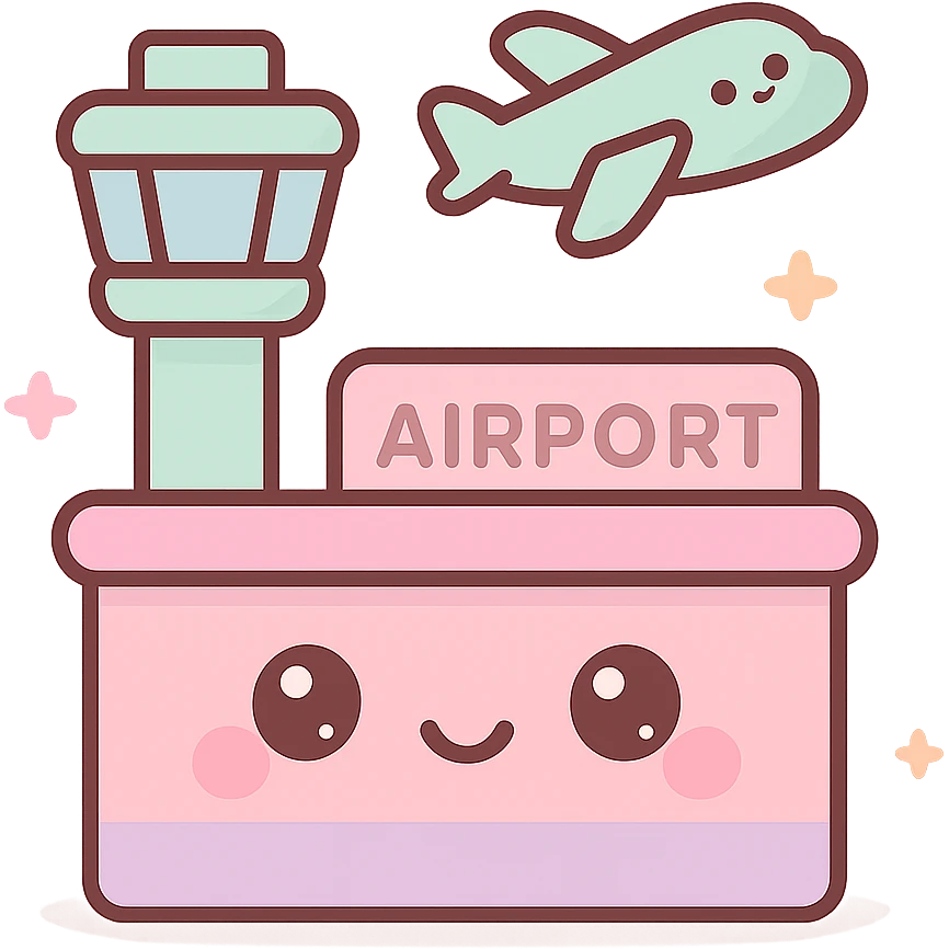 airport building, kawaii chibi anime style, flat pastel colors, thick outlines, simple cute features emoji