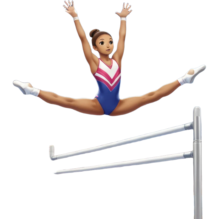 Professional gymnast performing a complex routine on parallel bars, demonstrating strength, control, and perfect balance. The gymnast is mid-air, executing a powerful move with focused concentration. The background shows a brightly lit gymnasium with a cheering audience. emoji