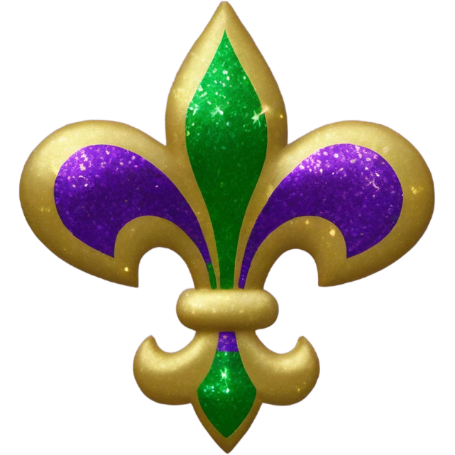 the words “Mardi Gras” with a purple, green and gold glitter fleur de lis  emoji