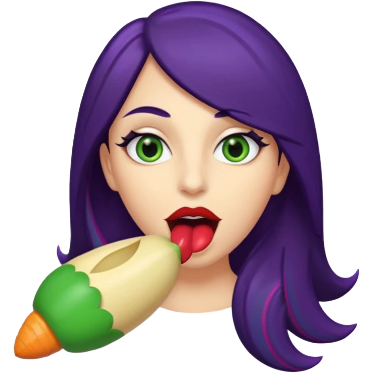Big Puerto Rican colored dildo inside a juicy mouth  with blackish purple hair and Italian skin color with green almond shapes eyes, magical mouth with of mouth  emoji