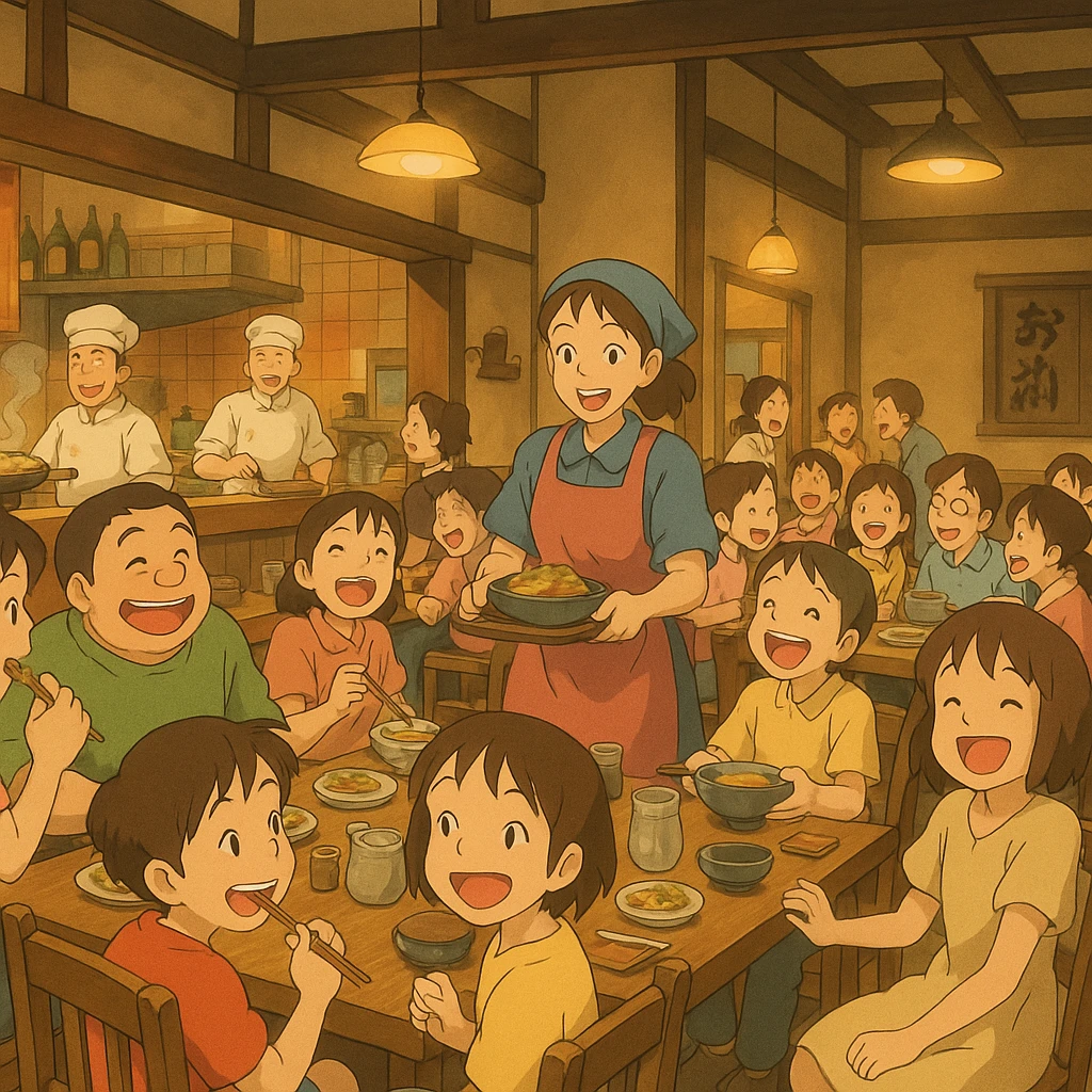 bustling anime restaurant scene with many cheerful customers, dynamic composition, Studio Ghibli style emoji