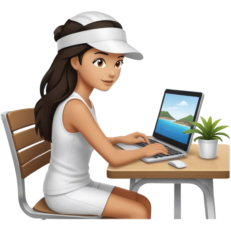 donna, coach che lavora con il pc davanti al mare emoji