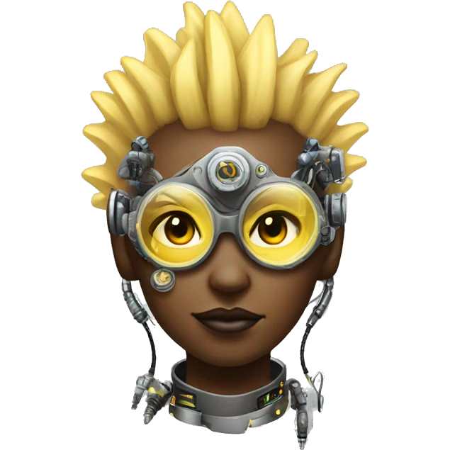 Light yellow Mohawk hair female cyborg head, dark skin, steampunk goggles and circuits emoji