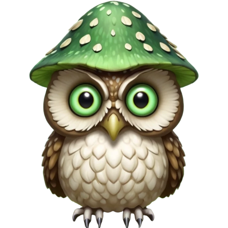 poisonous mushroom owl creature portrait, head and shoulders only, large beast-like owl eyes, mushroom cap feathers, glowing green spores, mystical forest monster, 3D cartoon, mobile game icon style, clean background, no text, no watermark

 emoji