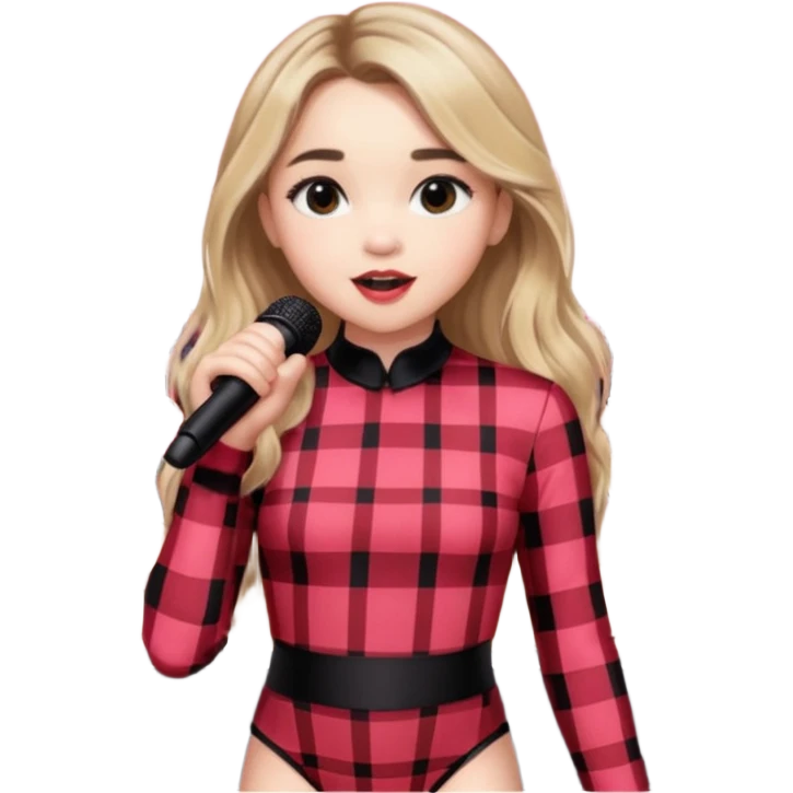 Sabrina carpenter singing at concert wearing a black and red plaid bodysuit with huge crowd and light pink stage setting  emoji