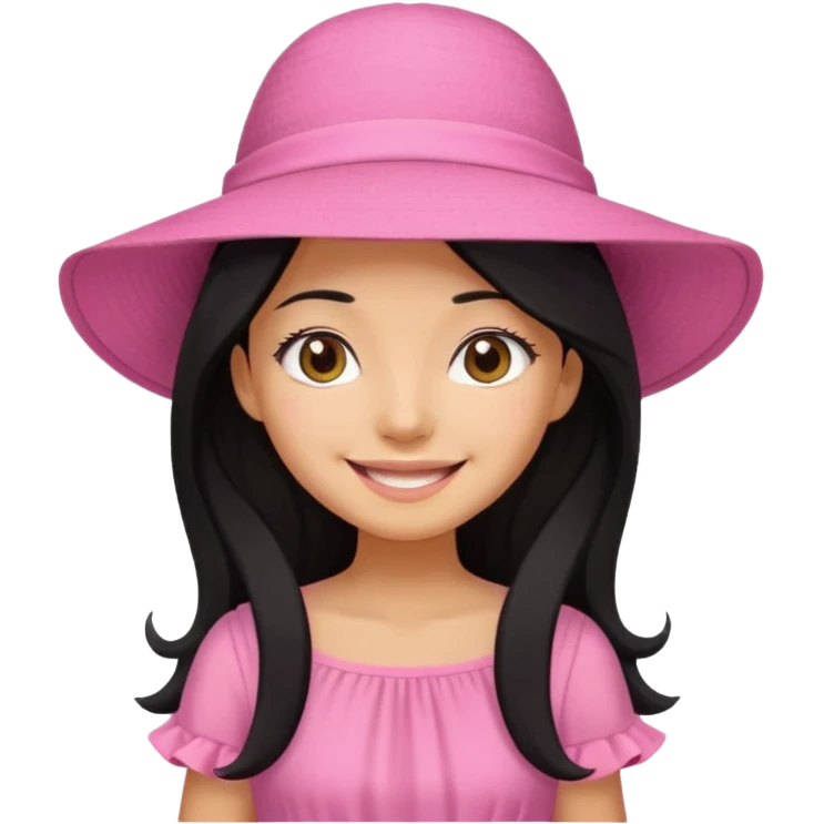 Girl in pink dress and sunhat smiling, black 2 string dress, blakc hair emoji