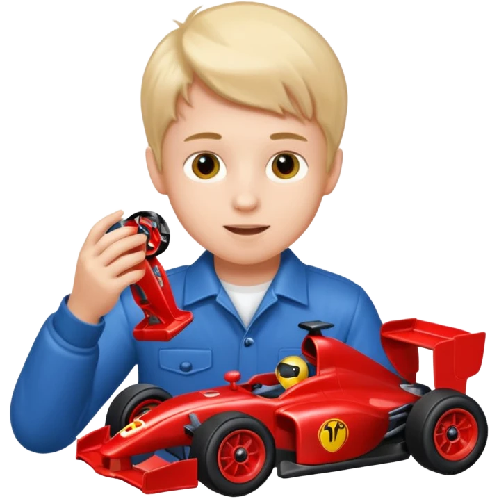 boy playing with formula 1 toy car emoji