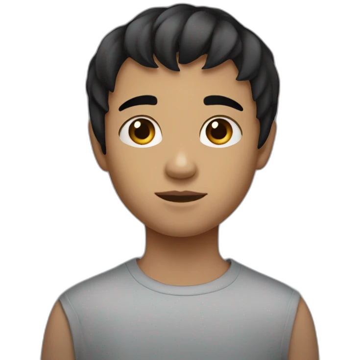 boy with short black hair and black eyes and has a little long bangs around eleven years old emoji