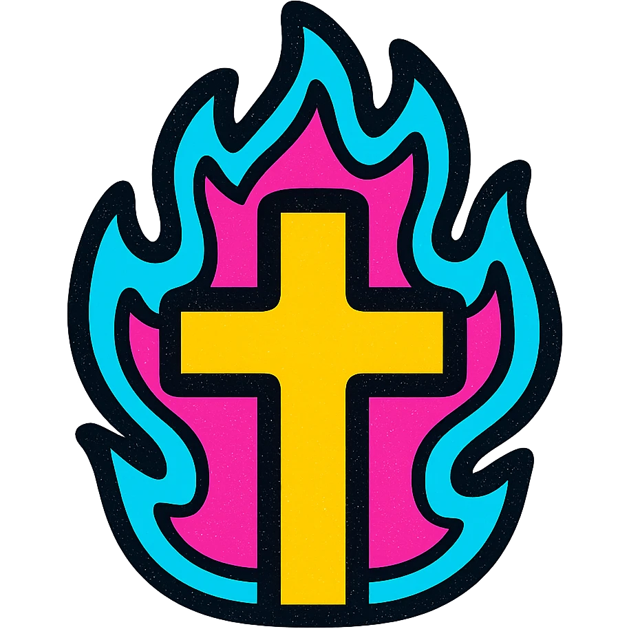 small cross with flames, glowing energetic emoji style emoji