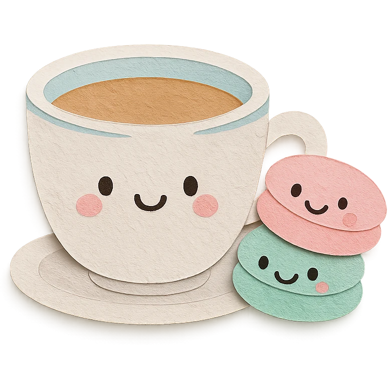 coffee cup with macarons, all with cute faces, soft pastel colors, hand-drawn style emoji