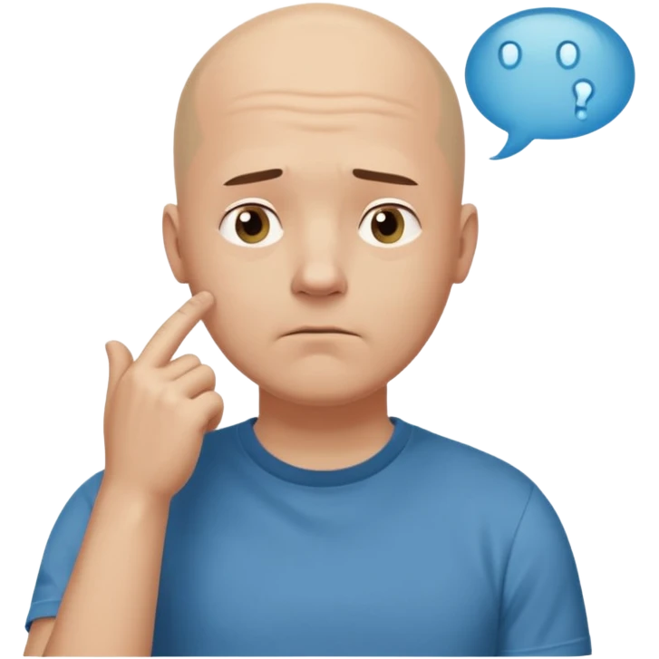 bald man with t-shirt, doubting face but not sad, hand on chin looking up, thought bubble emoji