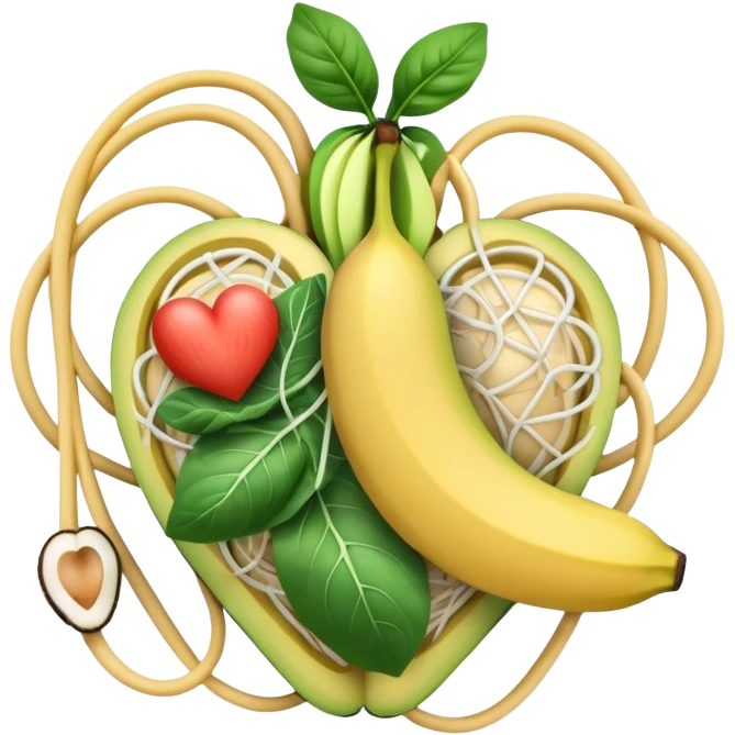 Banana, avocado, potato, spinach, coconut, white beans, and melon surrounding a glowing heart and nervous system network. Gentle electrical waves flow from the foods to the organs and muscles, illustrating how potassium maintains fluid balance and electrical stability throughout the body. emoji