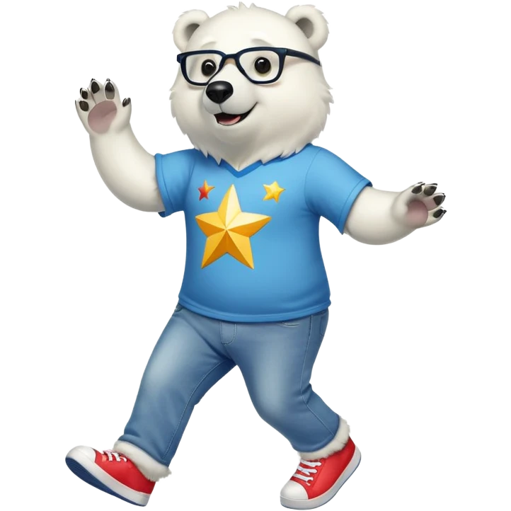 friendly anthropomorphised polar bear walking energetically, excited expression, wearing shirt, jeans, trainers, large multicolored star-shaped glasses emoji