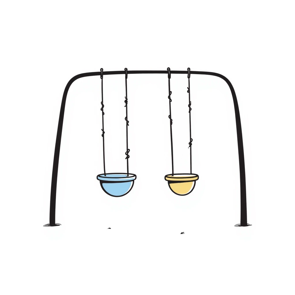 Children's playground swing set with seats in pastel colors (dd9fb0, ffc6d3, a3bfc9, c4bee2, f1b091), hand-drawn doodle style emoji