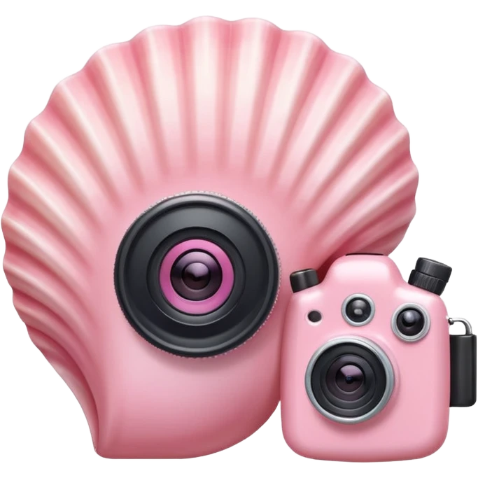 A cute seashell emoji with a tiny camera next to it, symbolizing capturing beach memories. Playful, modern emoji style, soft pastel colors, white background. emoji