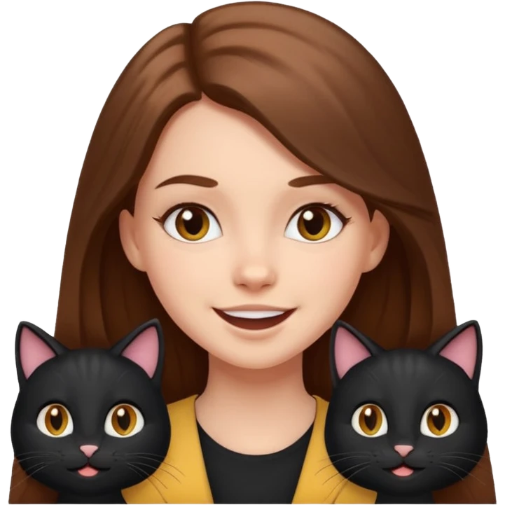 white girl with long brown hair, happy and cute, with two black cats, emoji style emoji