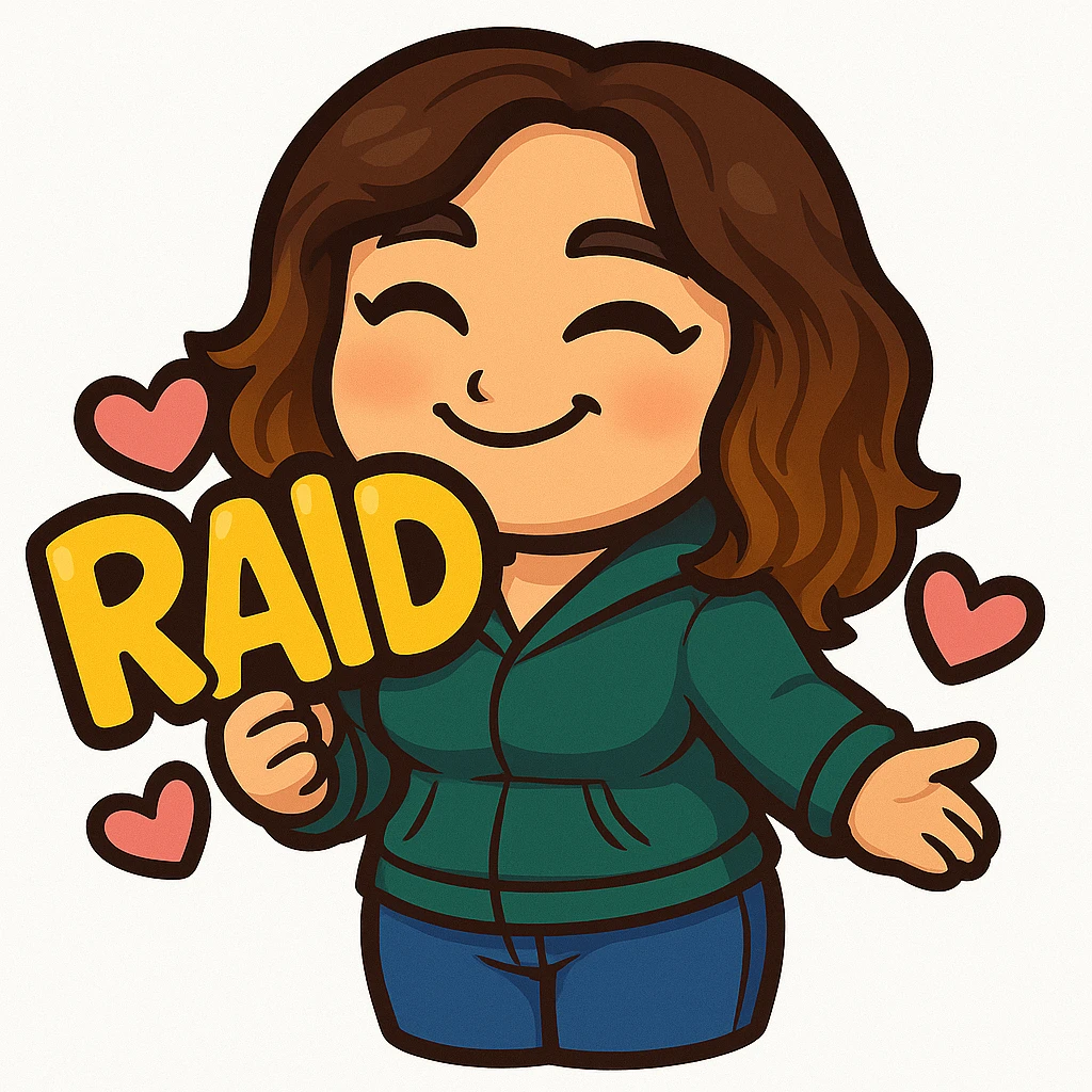 Sticker style chibi emote, matching the attached green heart emote as a base, but with a slightly skinnier body and a bigger chest. Woman from reference, teal hoodie and blue jeans, holding a large, bubbly 'RAID' sign with hearts, cute excited face, no headband, no wand, no green heart, transparent background. Top color should not match jeans. emoji