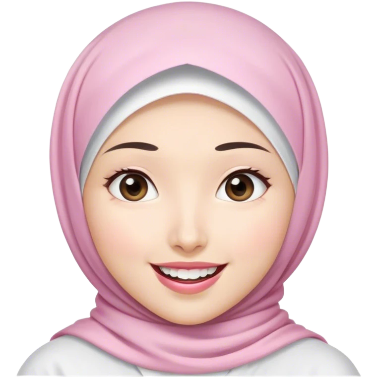 an Asian white woman hijab, her hijab color are white, her face is small, her lips are pink, her eyes are shining, her face looks happy showing her teeth, her eyes are also smiling emoji