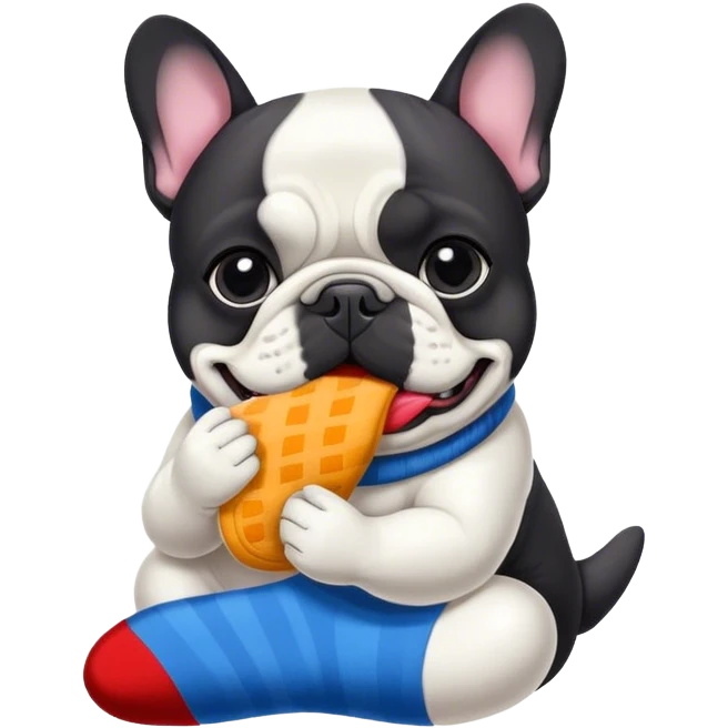 Black and white French bouledogue eating a sock emoji