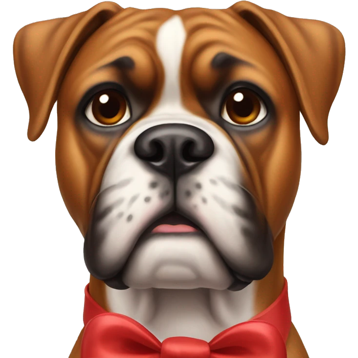 Boxer dog with a red bow on her neck and no bow on her head emoji