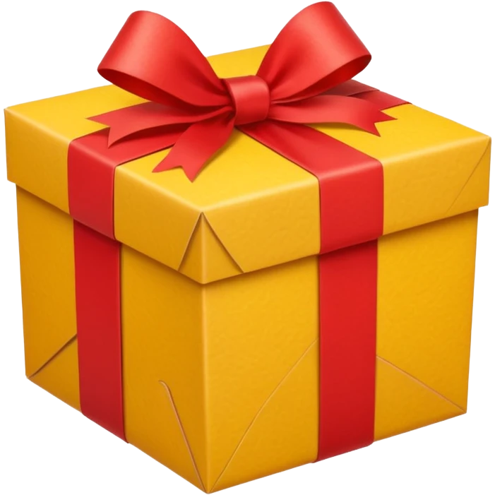 box with yellow wrapping paper and a length of red ribbon surrounding it on the bottom of the ground so you can see most of the box's cardboard emoji