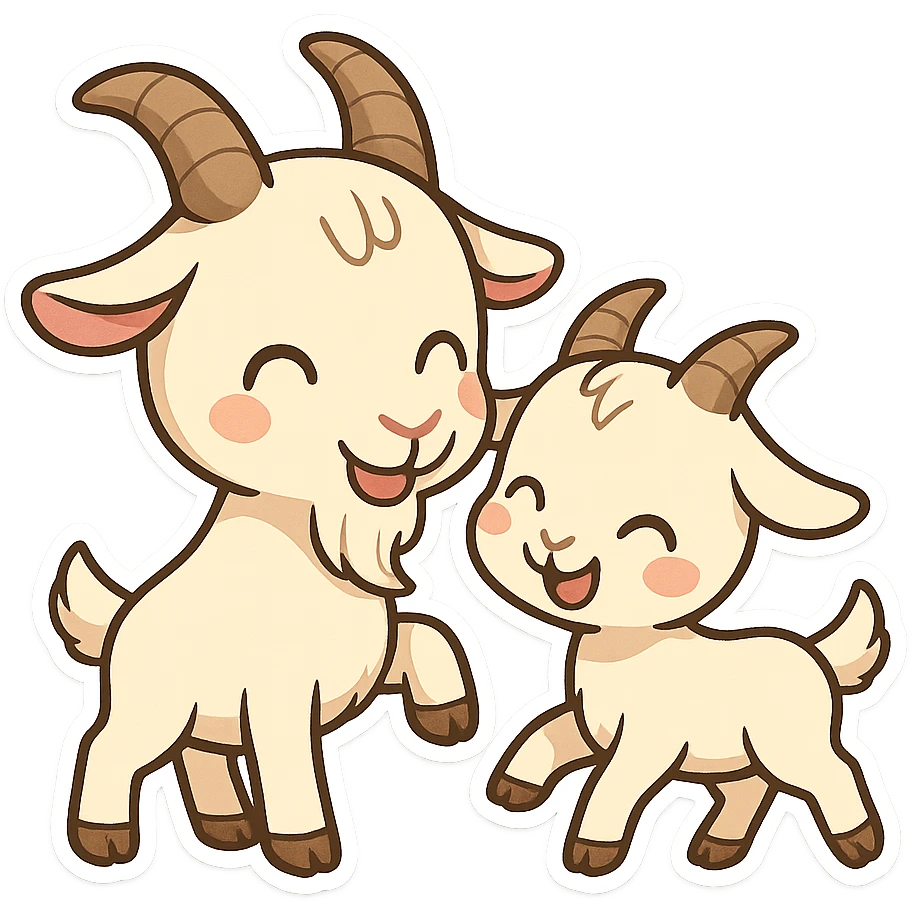 chibi cartoon sticker of a goat and a kid (بزن و بزەکە), playful and cute style emoji