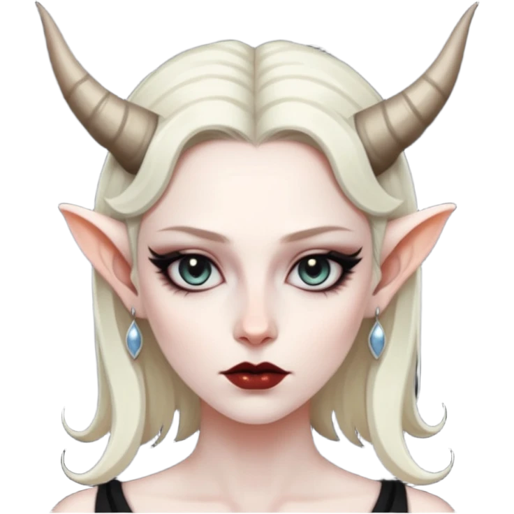Woman with subtle horns, smooth skin and sharp gaze, divine corruption emoji