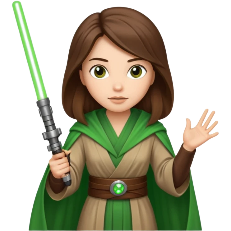 Ios 18 starwars theme ( jedi, robots etc..) long brown hair lady with lightaber green or red. Every one is alone. Not all in one emoji emoji