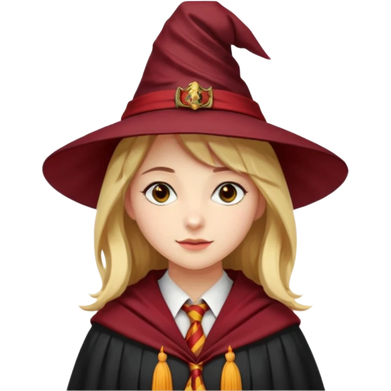 A young woman wearing a classic witch’s hat, red tie, and wizarding robes. This outfit suggests she's a student from Gryffindor House (from the Harry Potter universe), as the red tie is a signature detail of that house's uniform. emoji