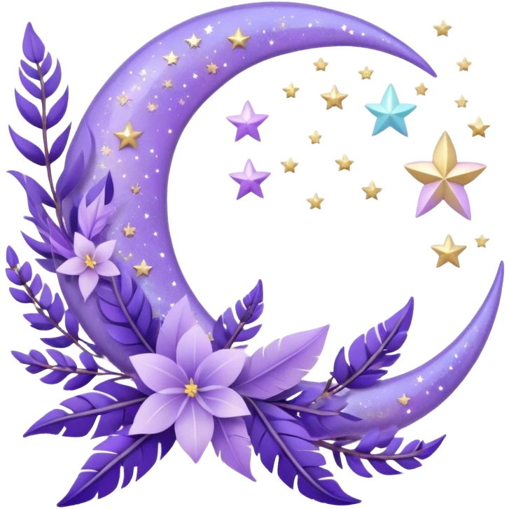 Beautiful poetic aesthetic sparkly glittery shiny pretty floating pastel lilac lavender Violet crescent-moon and flowers and leaves and feathers and sparkles and stars aesthetic deco emoji